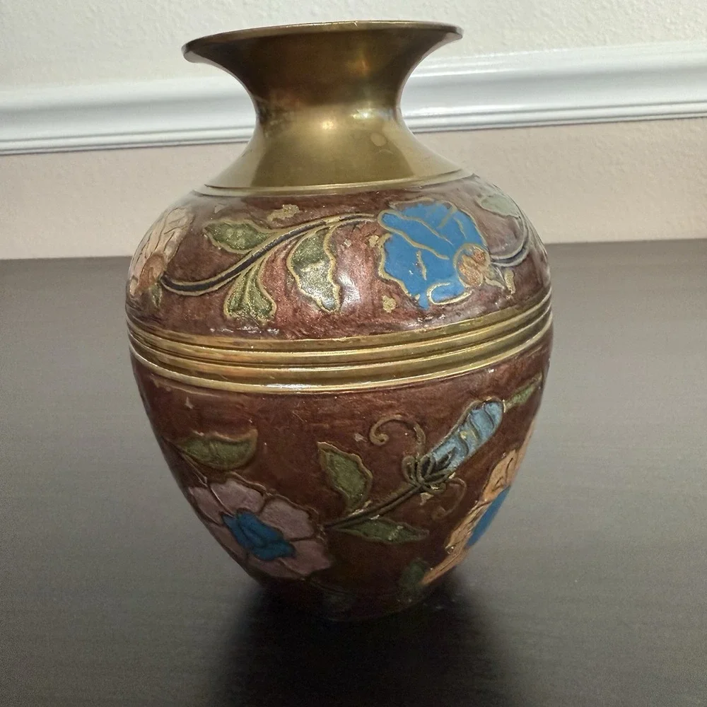 Vintage Brass Vase Floral‎ Design Enameled Hand Painted Flowers India Bud Vase